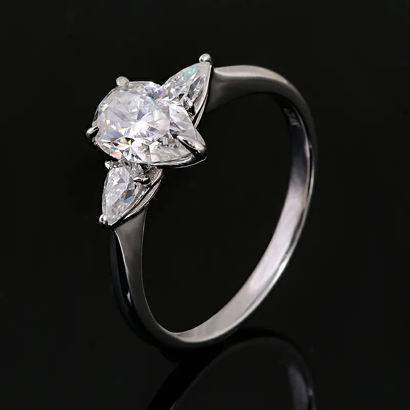 10K-18K , Elegant Pear Three-Stone Moissanite Engagement Ring