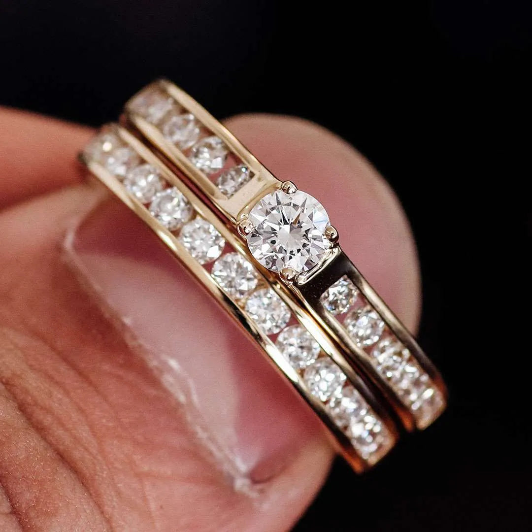 Dual Band Channel Set Diamond Ring Set ,Wedding Rings