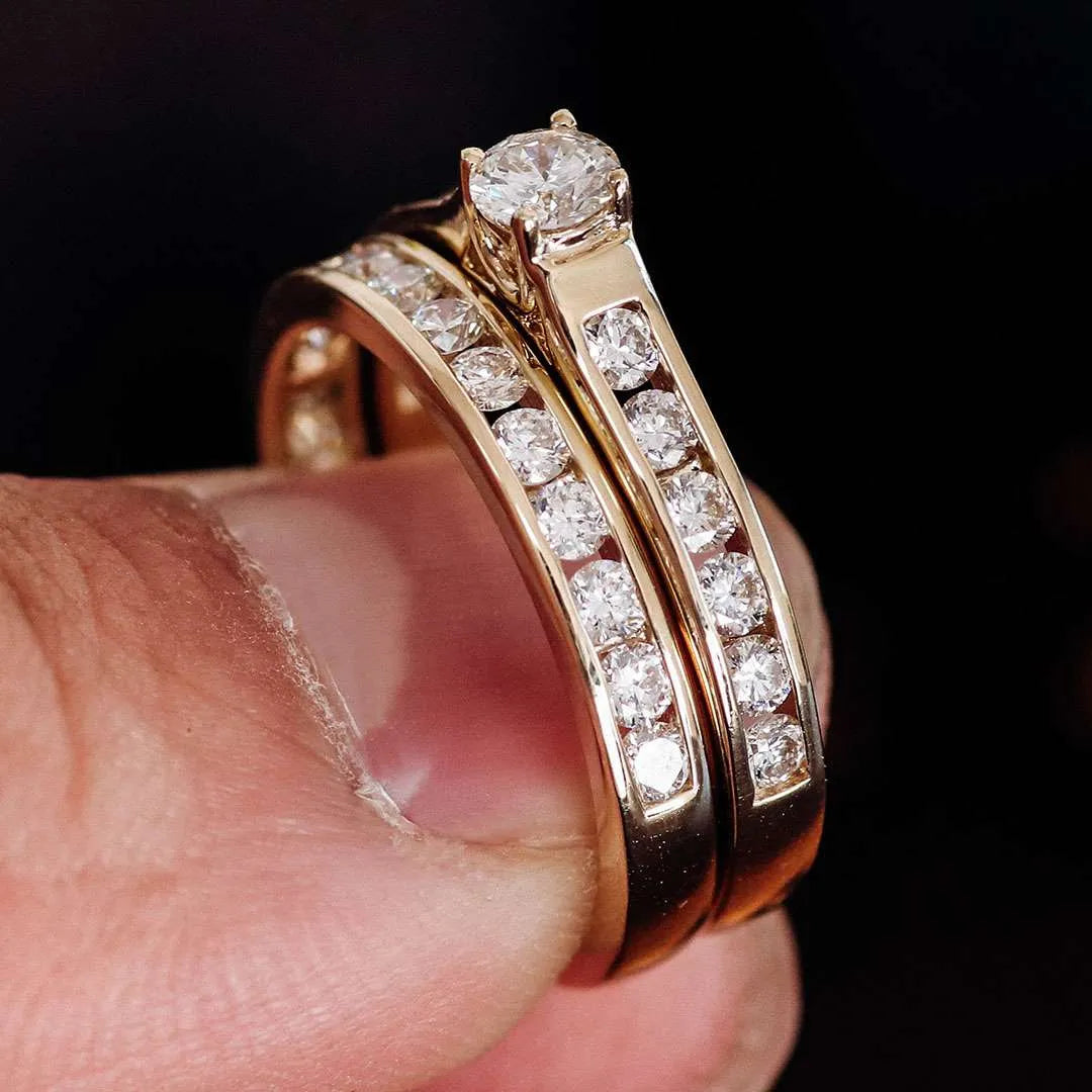 Dual Band Channel Set Diamond Ring Set ,Wedding Rings