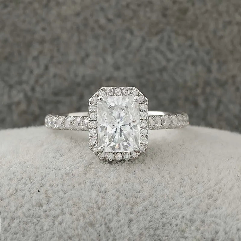 10K-18K ,Radiant Cut Halo Engagement Ring With Pave Band Moissanite