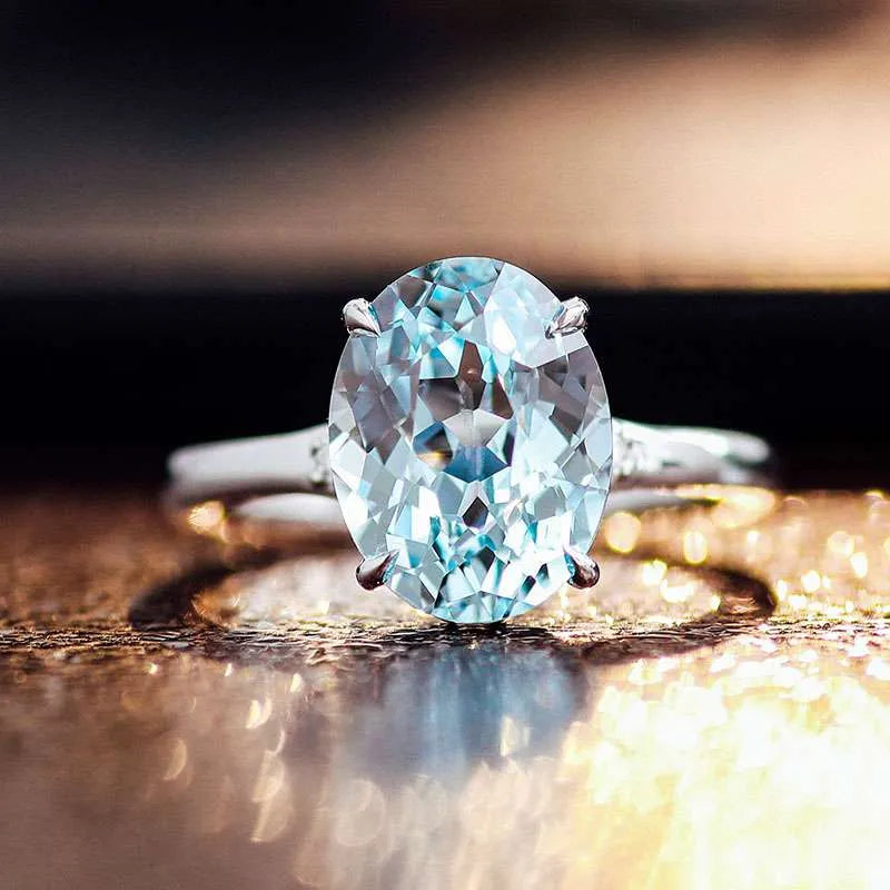 10K-18K , Captivating Aquamarine Oval Moissanite Engagement Ring With Hidden Halo