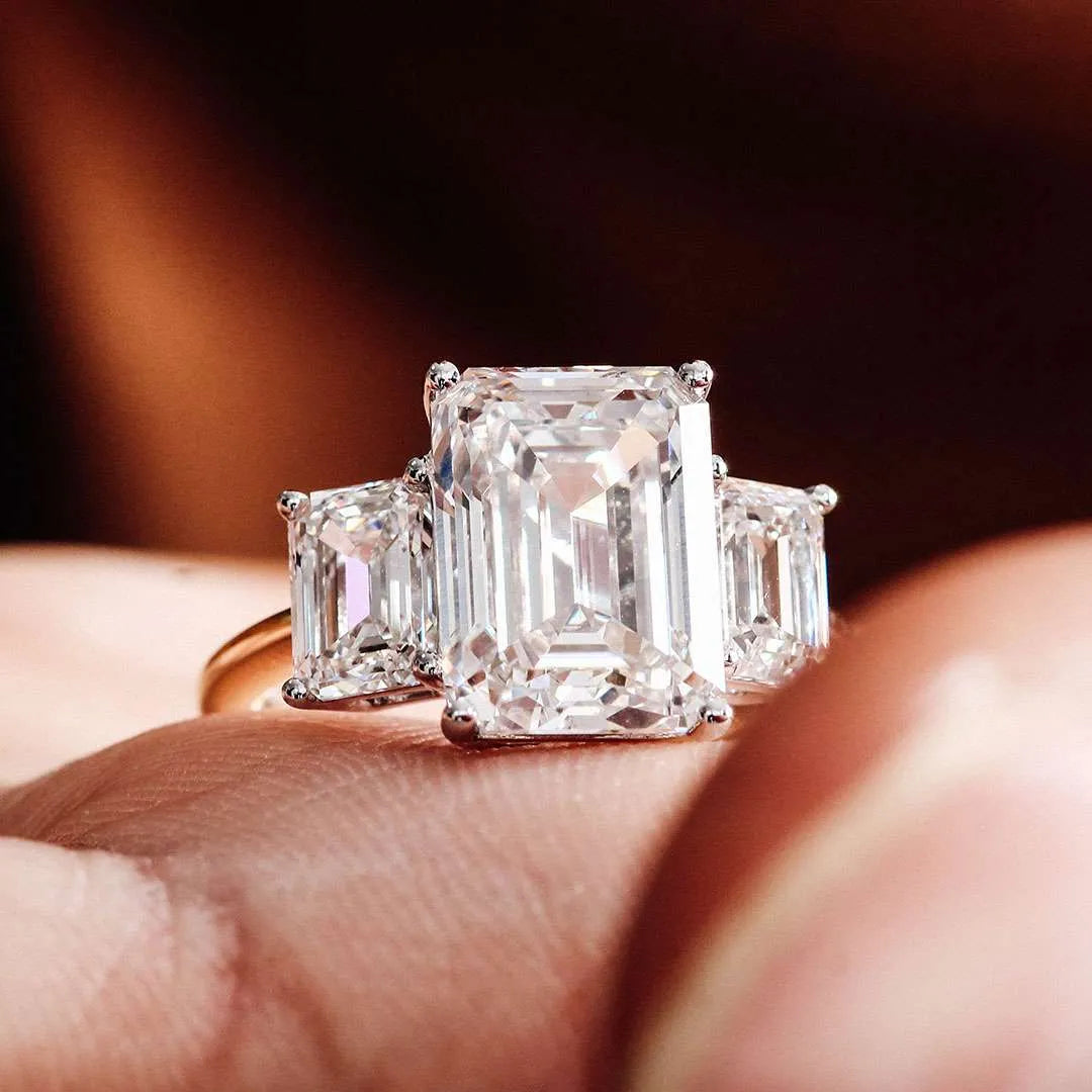 10K-18K , Moissanite Yellow And White Gold Three-Stone Emerald Cut Diamond Ring