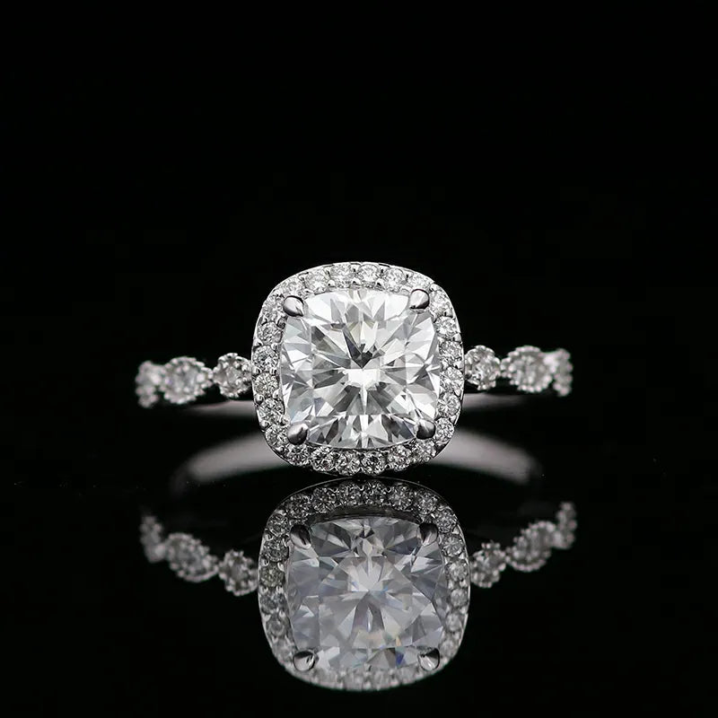 10K-18K , Cathedral Halo Cushion Moissanite Engagement Ring