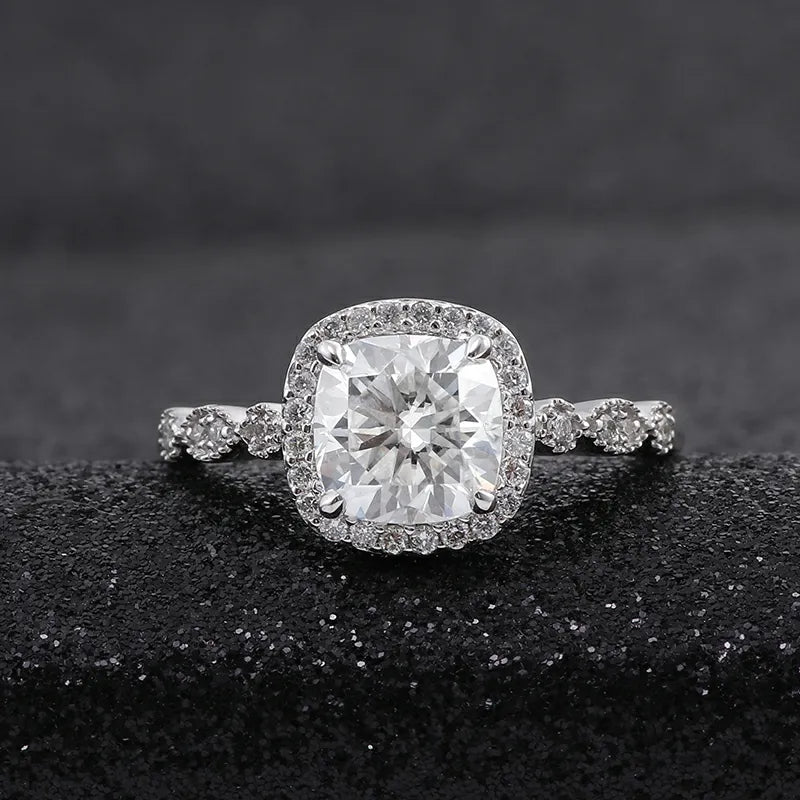 10K-18K , Cathedral Halo Cushion Moissanite Engagement Ring