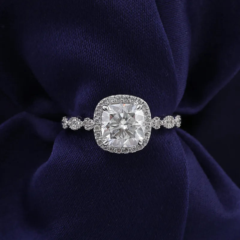 10K-18K , Cathedral Halo Cushion Moissanite Engagement Ring