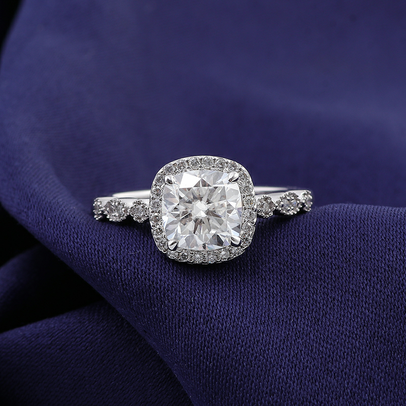 10K-18K , Cathedral Halo Cushion Moissanite Engagement Ring