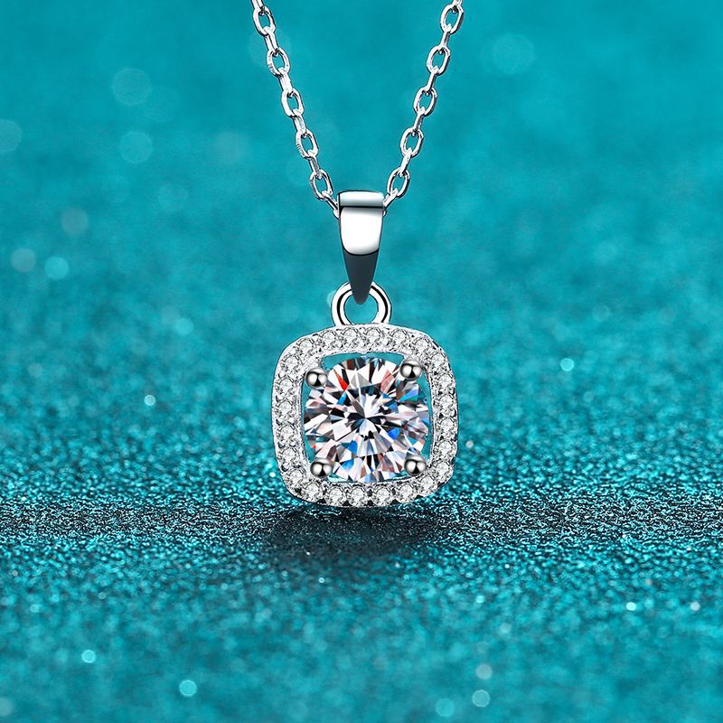 MOISSANITE SQUARE SHAPED HALO PENDANT- Platinum Plated - Round Cut