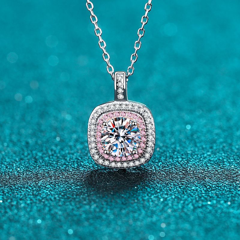 MOISSANITE SQUARE SHAPED HALO PENDANT- Platinum Plated - Round Cut