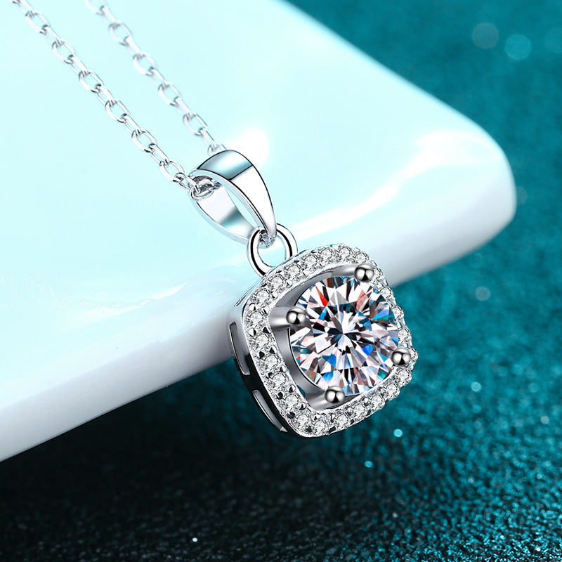 MOISSANITE SQUARE SHAPED HALO PENDANT- Platinum Plated - Round Cut