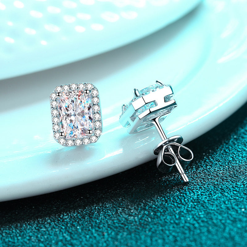 MOISSANITE CLASSIC STUD EARRINGS- Platinum Plated  - Emerald Cut