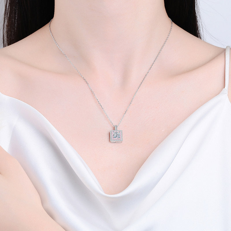 MOISSANITE SQUARE SHAPED HALO PENDANT- Platinum Plated - Princess Cut