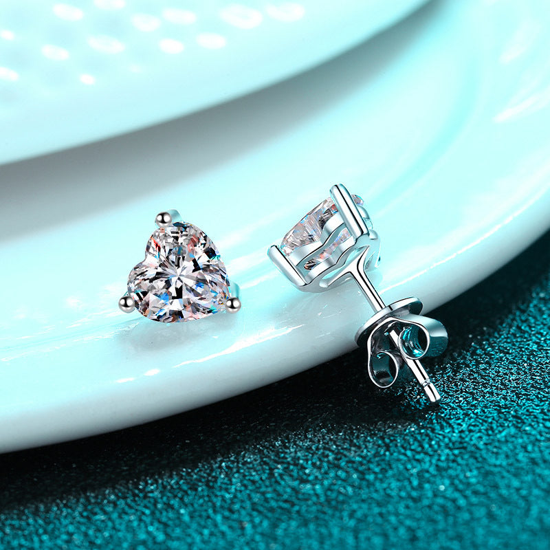 MOISSANITE CLASSIC STUD EARRINGS- Platinum Plated - Heart Cut