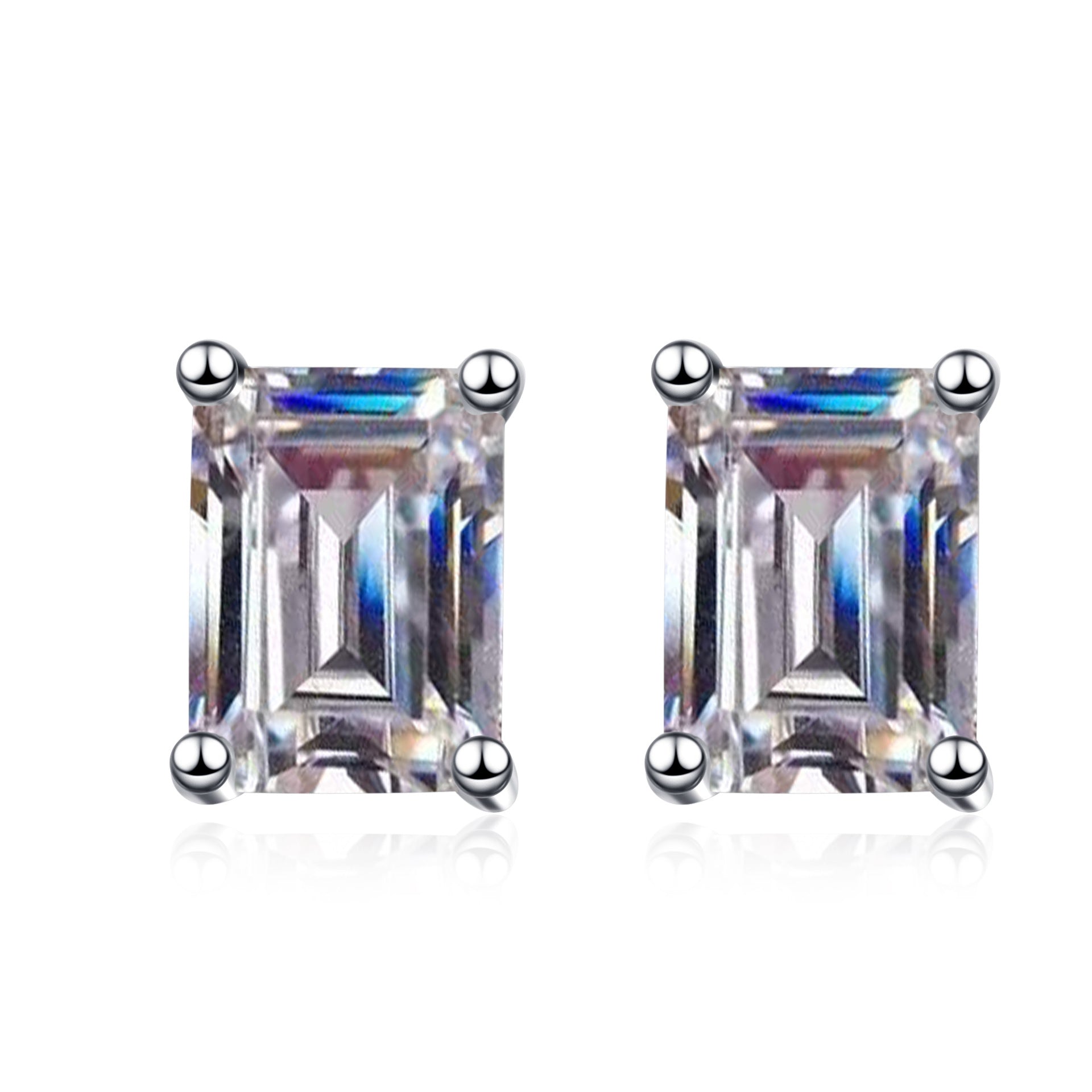 MOISSANITE CLASSIC STUD EARRINGS- Platinum Plated  - Emerald Cut