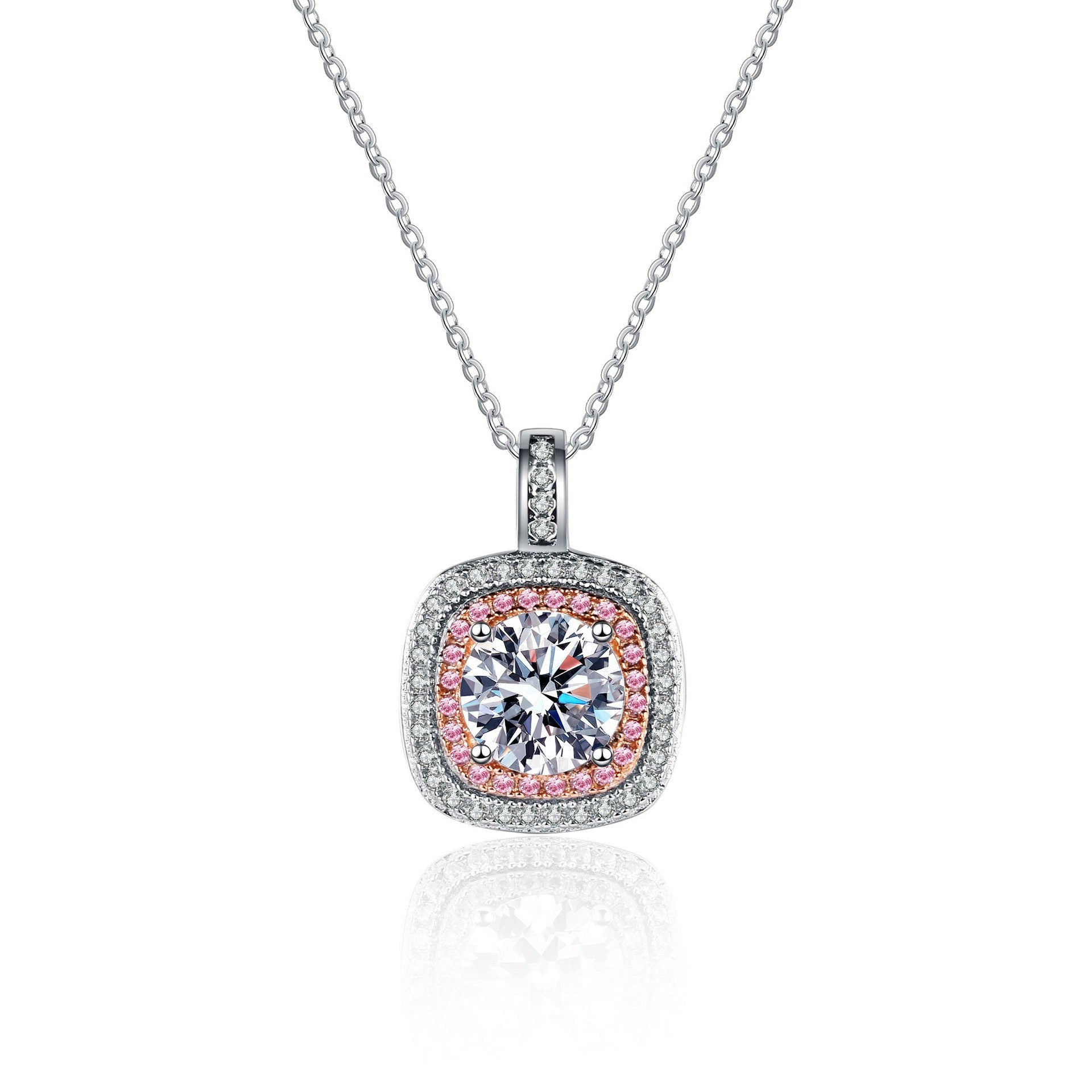 MOISSANITE SQUARE SHAPED HALO PENDANT- Platinum Plated - Round Cut