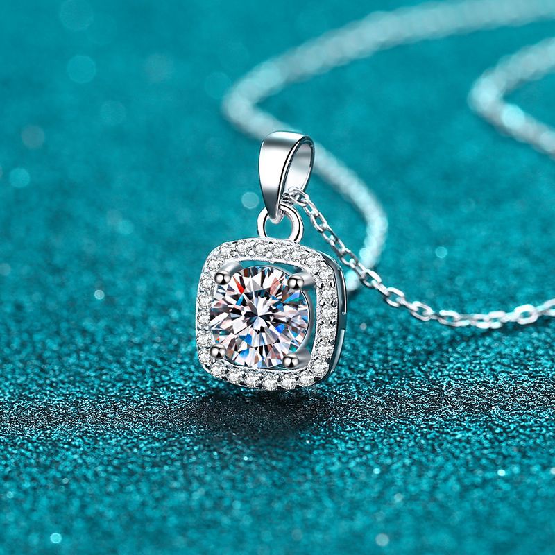 MOISSANITE SQUARE SHAPED HALO PENDANT- Platinum Plated - Round Cut