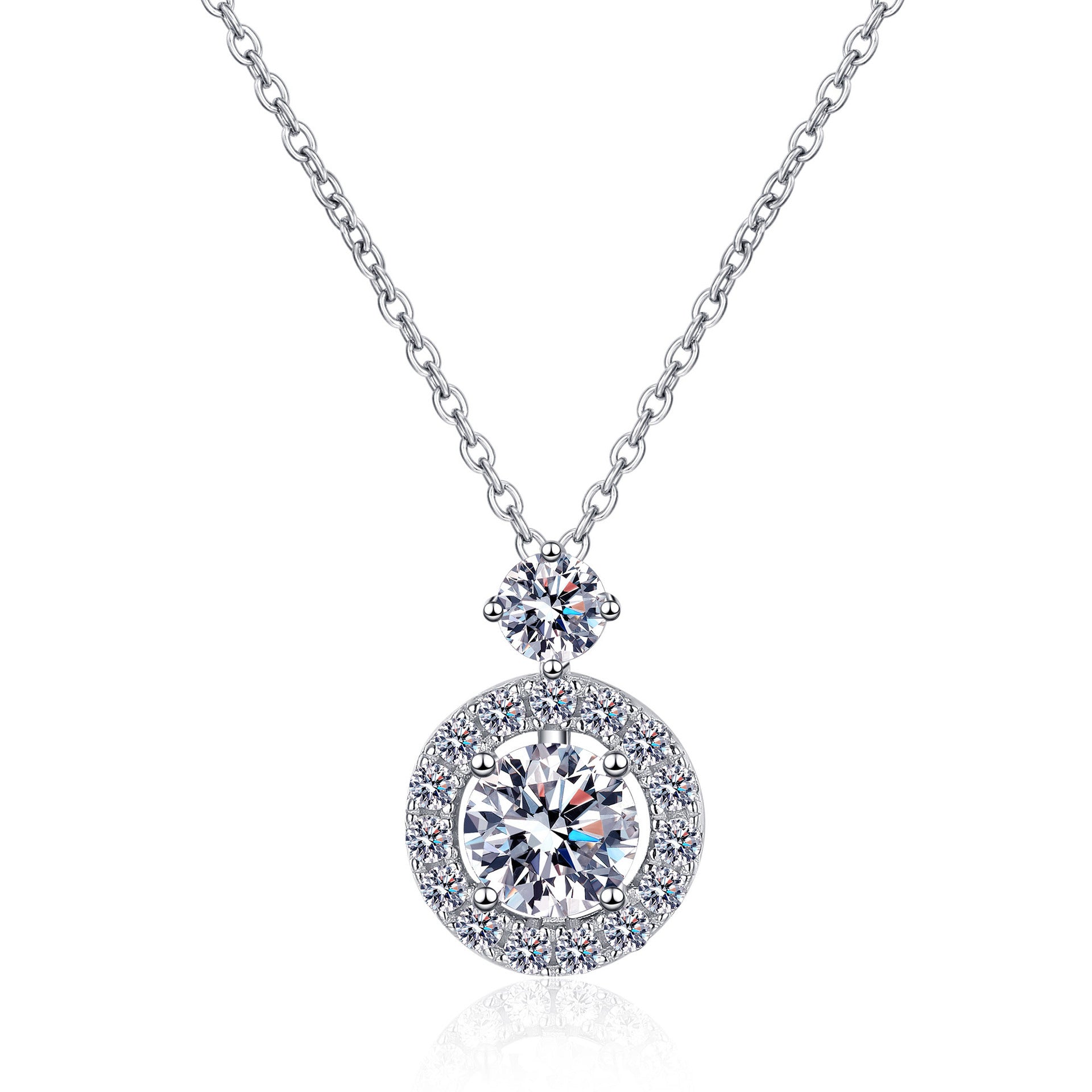 MOISSANITE CIRCLE SHAPED HALO PENDANT- Platinum Plated - Round Cut