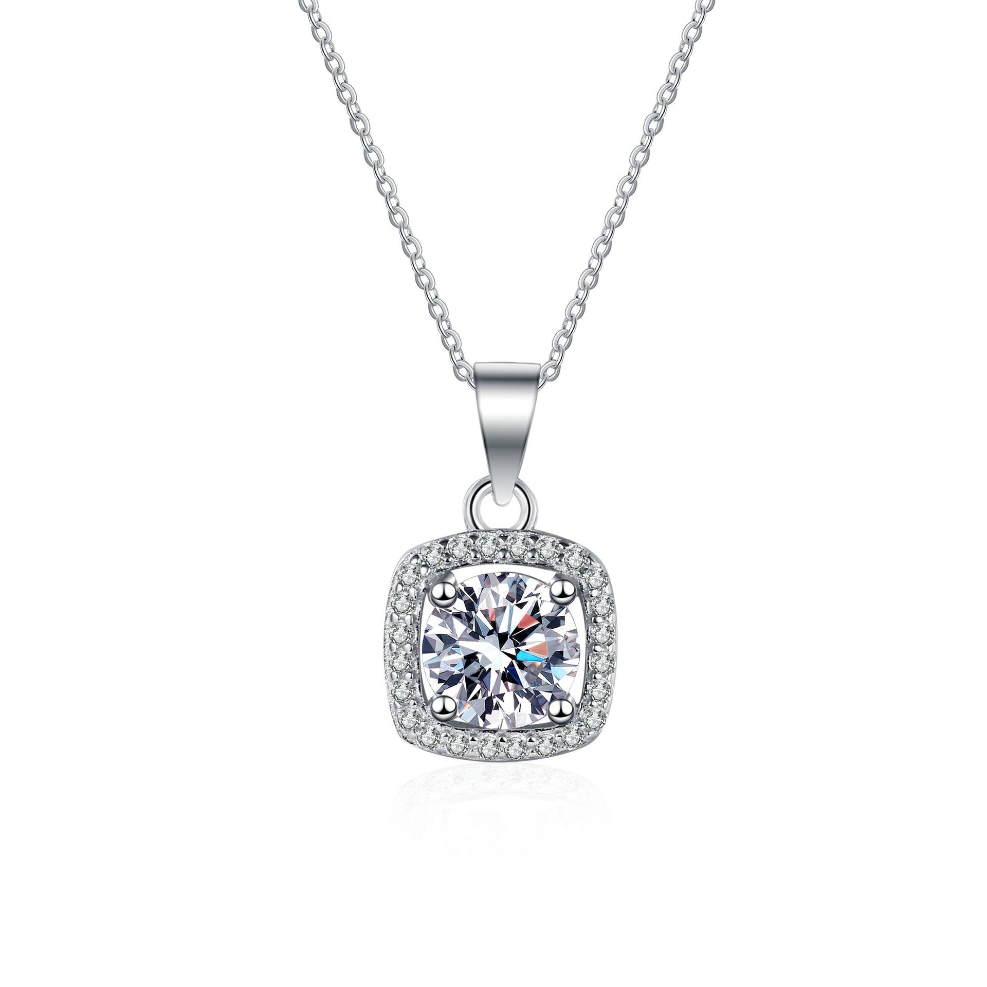 MOISSANITE SQUARE SHAPED HALO PENDANT- Platinum Plated - Round Cut