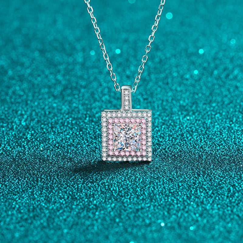 MOISSANITE SQUARE SHAPED HALO PENDANT- Platinum Plated - Princess Cut