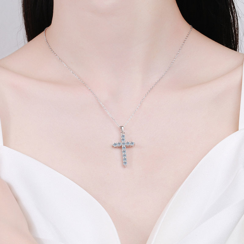 MOISSANITE CROSS SHAPED PENDANT- Platinum Plated - Round Cut