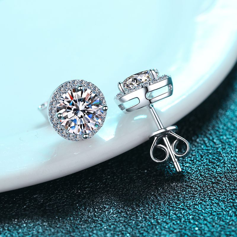 MOISSANITE HALO Designer  EARRINGS- Platinum Plated  - Round Cut