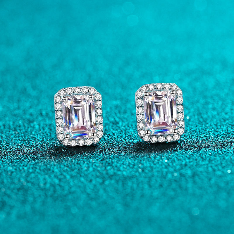 MOISSANITE CLASSIC STUD EARRINGS- Platinum Plated  - Emerald Cut