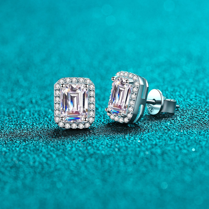 MOISSANITE CLASSIC STUD EARRINGS- Platinum Plated  - Emerald Cut