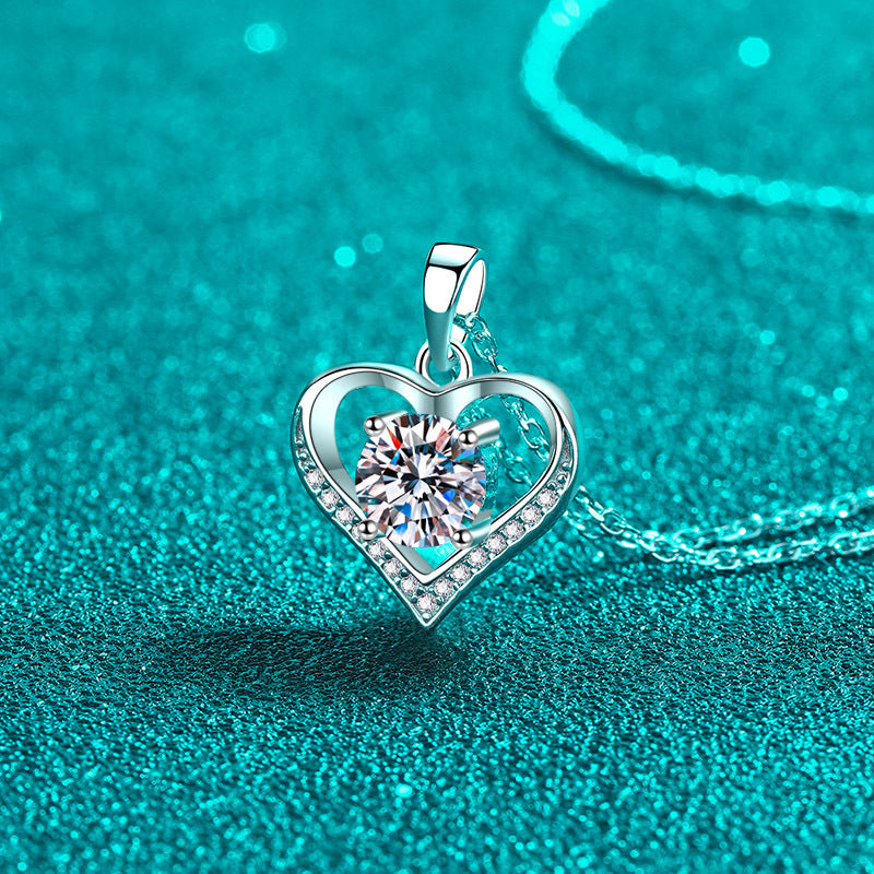 MOISSANITE HEART SHAPED PENDANT- Platinum Plated - Round Cut