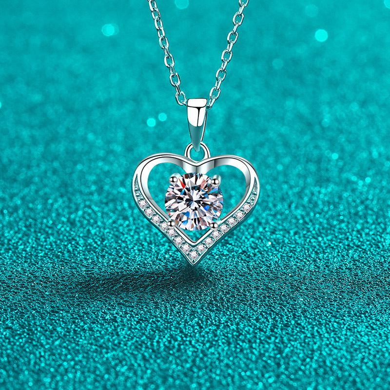 MOISSANITE HEART SHAPED PENDANT- Platinum Plated - Round Cut