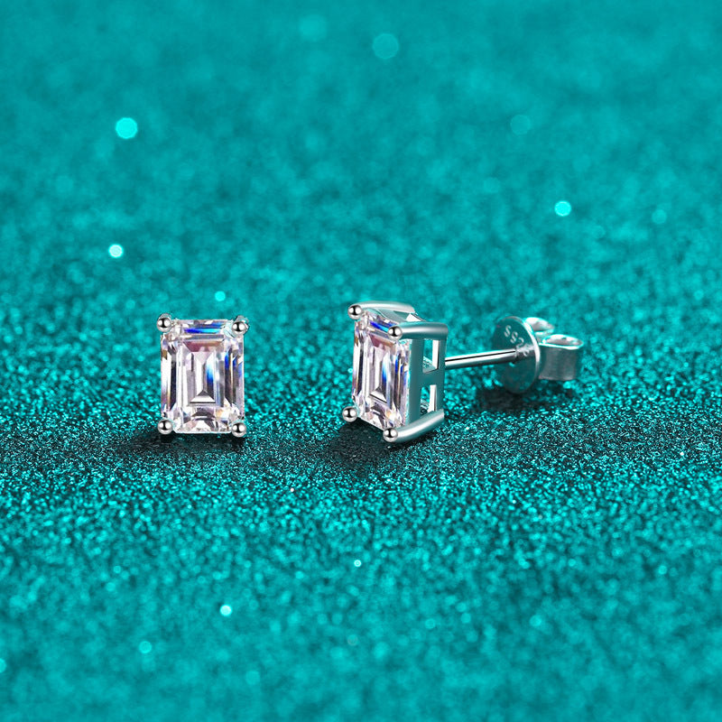 MOISSANITE CLASSIC STUD EARRINGS- Platinum Plated  - Emerald Cut