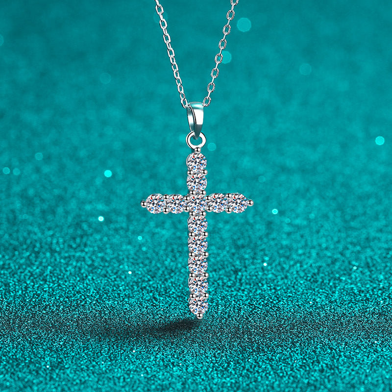 MOISSANITE CROSS SHAPED PENDANT- Platinum Plated - Round Cut