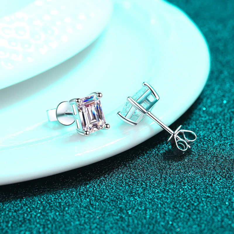 MOISSANITE CLASSIC STUD EARRINGS- Platinum Plated  - Emerald Cut