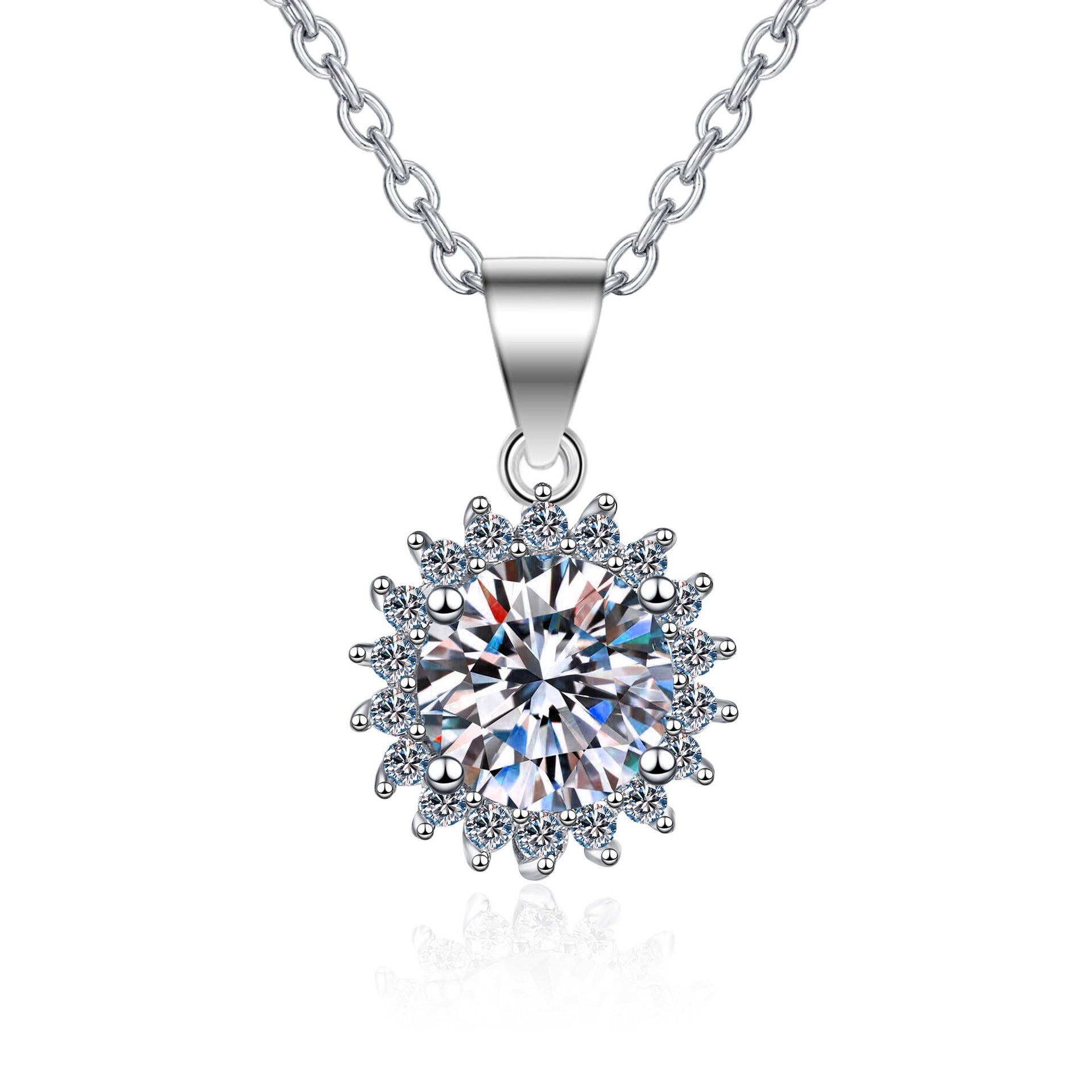 MOISSANITE FOUR CLAW HALO PENDANT- Platinum Plated - Round Cut