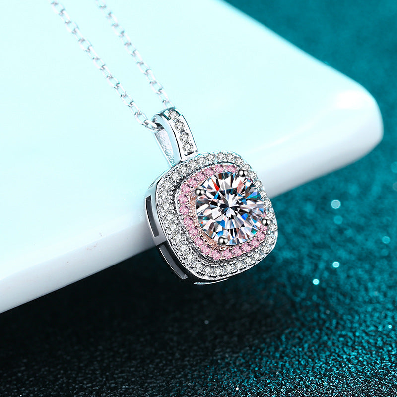 MOISSANITE SQUARE SHAPED HALO PENDANT- Platinum Plated - Round Cut