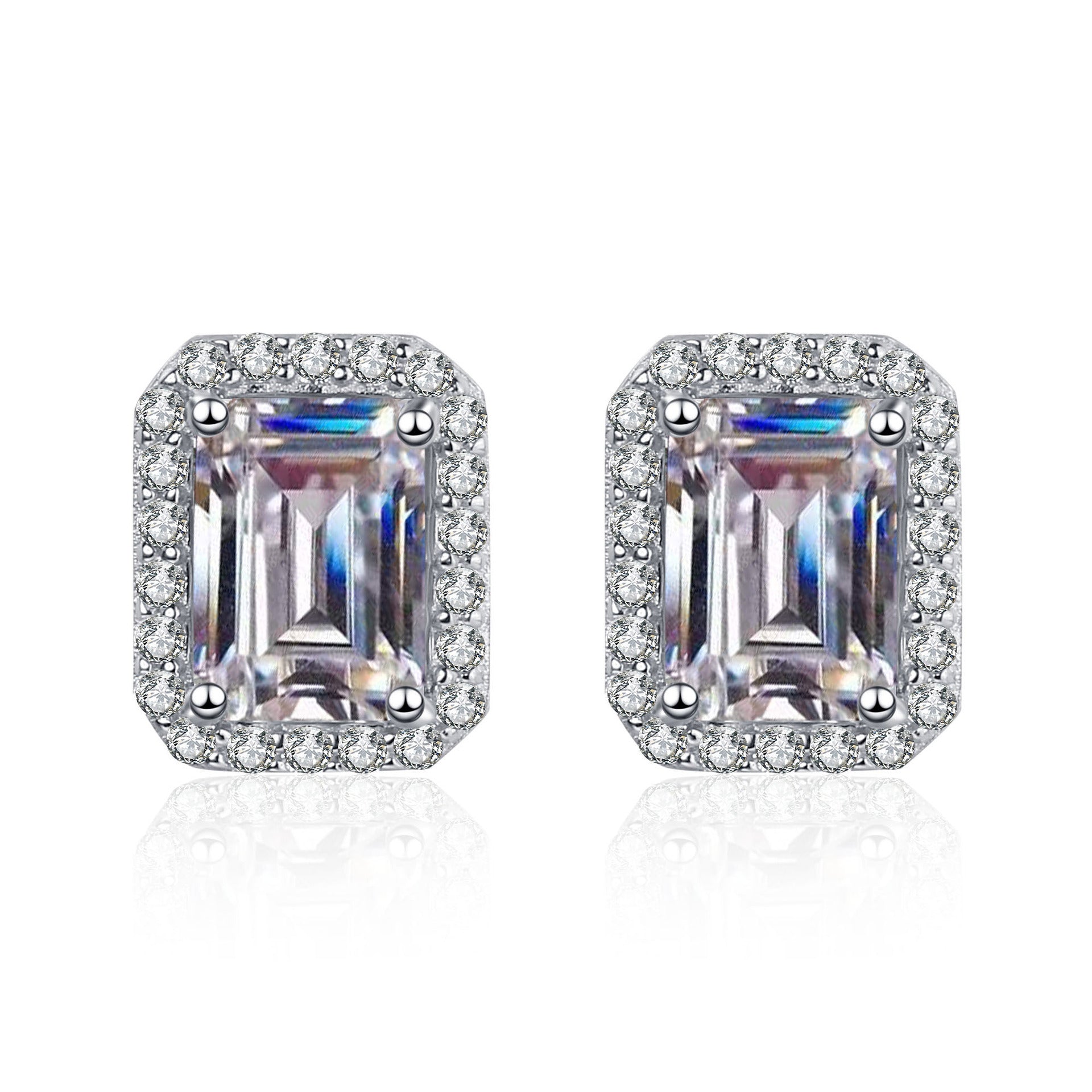 MOISSANITE CLASSIC STUD EARRINGS- Platinum Plated  - Emerald Cut