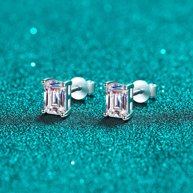 MOISSANITE CLASSIC STUD EARRINGS- Platinum Plated  - Emerald Cut