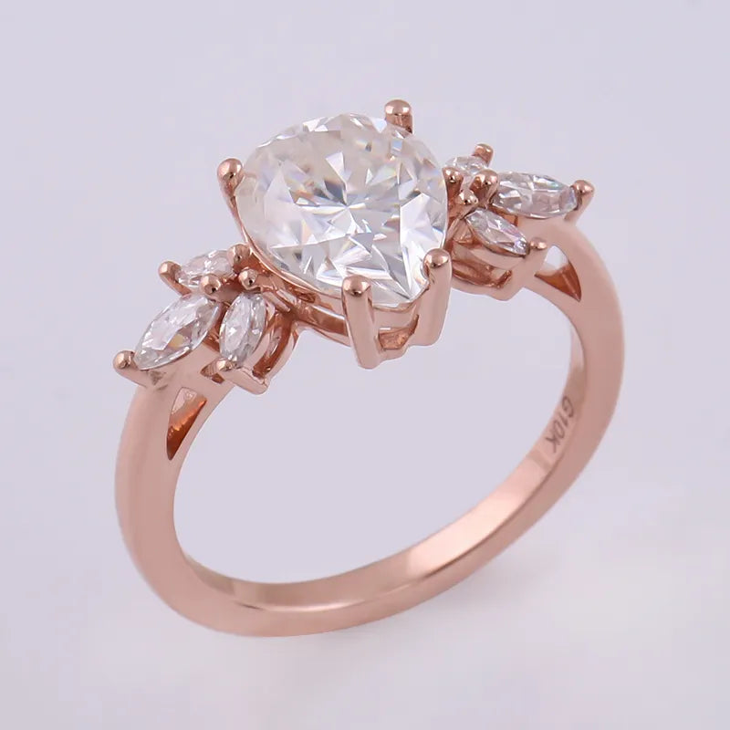 10K-18K , Pear Colorless Moissanite Engagement Ring With Marquise Accent Stones