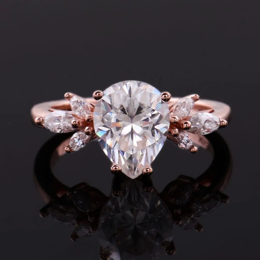 10K-18K , Pear Colorless Moissanite Engagement Ring With Marquise Accent Stones