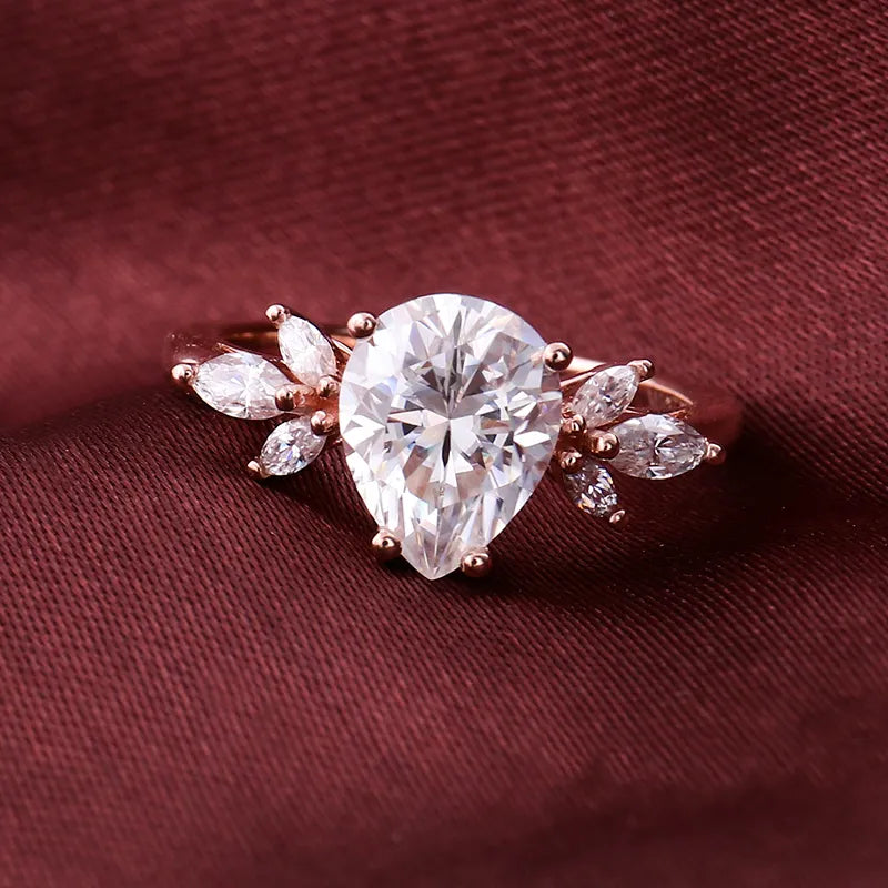 10K-18K , Pear Colorless Moissanite Engagement Ring With Marquise Accent Stones