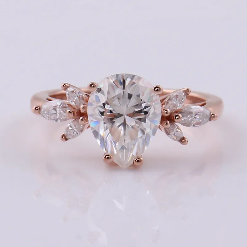 10K-18K , Pear Colorless Moissanite Engagement Ring With Marquise Accent Stones