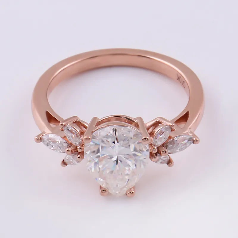 10K-18K , Pear Colorless Moissanite Engagement Ring With Marquise Accent Stones