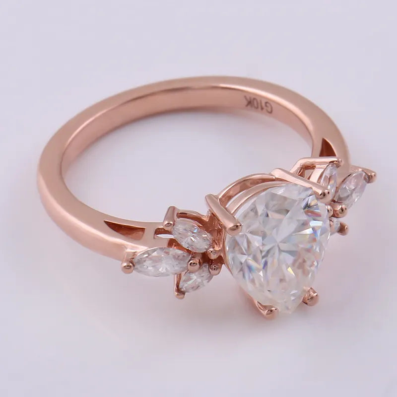 10K-18K , Pear Colorless Moissanite Engagement Ring With Marquise Accent Stones